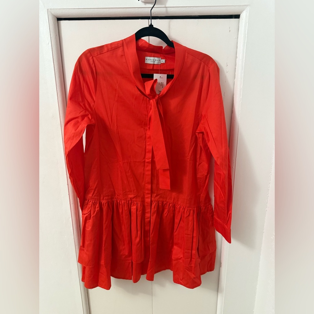 NWT Harshman Laverne Long Sleeve tunic with Tie Neck - coral/orange - vacation